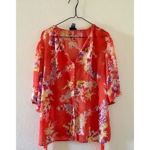 PLUS! Floral Lightweight Bay Studio Button Blouse w/Tie
